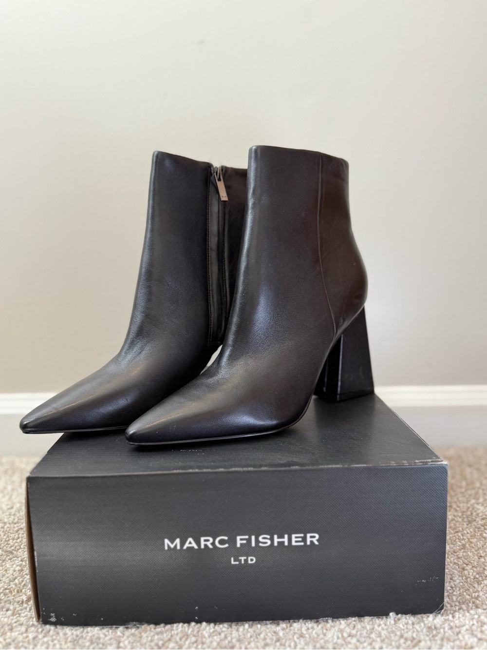 Marc Fisher Black Leather Pointed Toe Block Heel Ankle Boots
